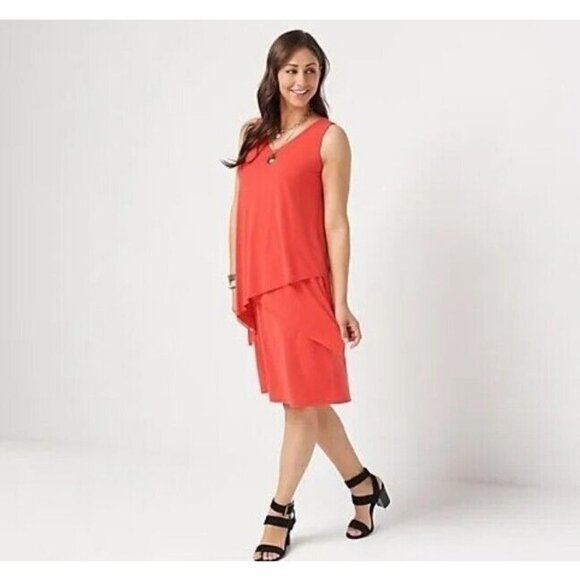 Susan Graver Regular Liquid Knit Sleeveless Tiered Dress Solid Coral X-Small - Picture 1 of 1